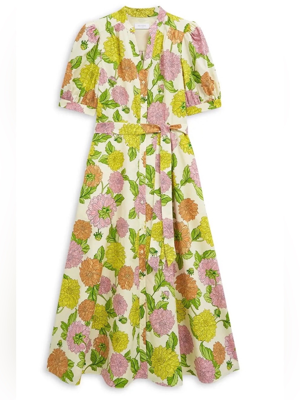 Hobbs Elena Floral Belted Midi Dress - White with Pink, Yellow & Orange size 8